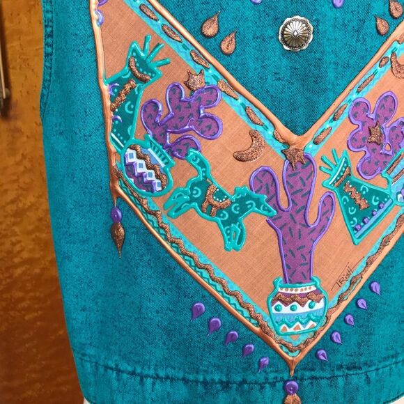 VINTAGE 80’s Acid Wash Southwestern Denim Vest S - Picture 12 of 14